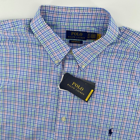 Polo Ralph Lauren Performance Plaid Short Sleeve Shirt Mens 2XLT Blue Pink Green